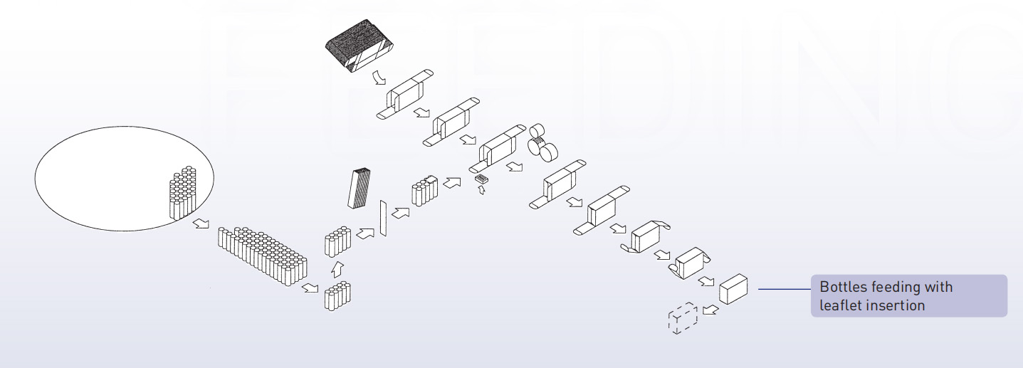 cartoning machine Bottles feeding Máquina de estuchado Alimentación de botellas.
